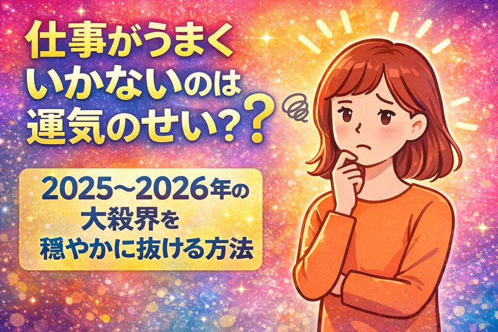 仕事がうまくいかないのは運気のせい？2025~2026年の大殺界を穏やかに抜ける方法【2025~2026最新版】というタイトルと悩み苦悩する女性のイラストです。