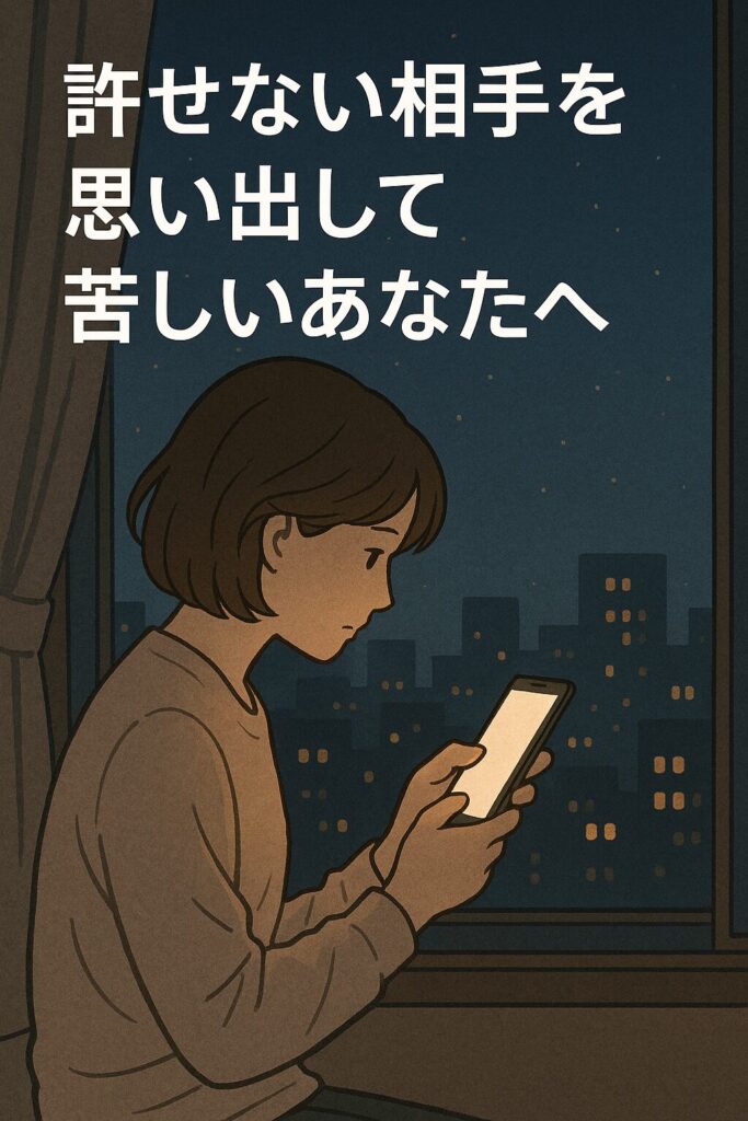 夜中に悩みながら、スマートフォンを見つめる女性のイラストです。