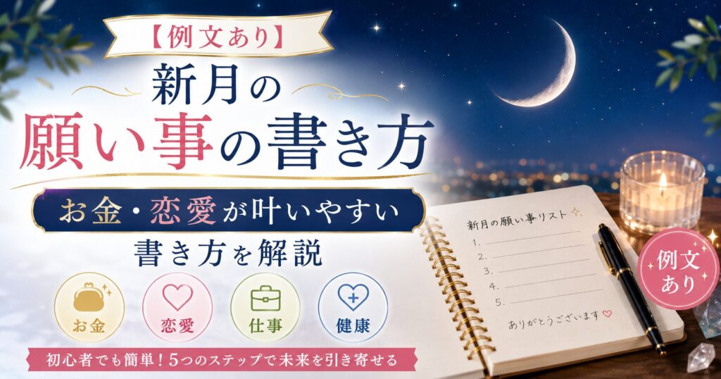 新月の願い事の書き方を解説するアイキャッチ画像。お金・恋愛・仕事・健康の例文や、願いが叶いやすい書き方を紹介。