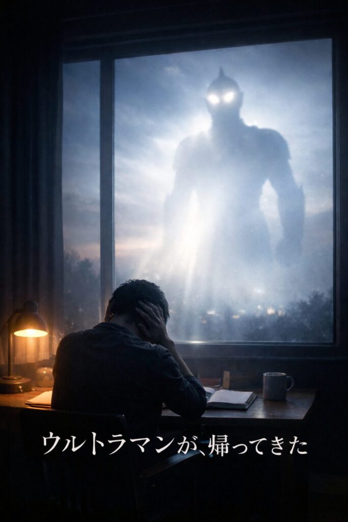 絶望に打ちひしがれている青年に光の巨人が手を差し伸べかけているというイメージのオリジナルイラストです。