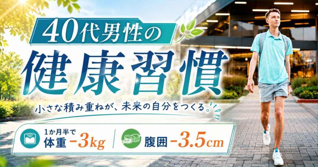 40代男性の健康習慣をイメージしたアイキャッチ画像。ウォーキングをする男性と、1か月半で体重−3kg・腹囲−3.5cmを実現した健康習慣の紹介。