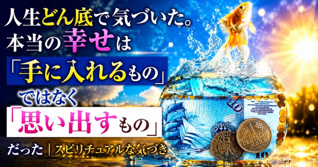 お金や成功だけを追い求める人生から、心の豊かさや精神的充足感の大切さへと価値観が変わる様子を表現したアイキャッチ画像。水槽から力強く跳ね上がる金魚は、人生どん底からの再起と新しい人生への希望を象徴し、朝日の光は未来への希望とスピリチュアルな気づきを表しています。