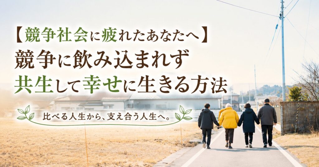 手をつないで歩く4人の後ろ姿を背景に、「【競争社会に疲れたあなたへ】競争に飲み込まれず共生して幸せに生きる方法」というタイトルを配置したブログのアイキャッチ画像。競争ではなく支え合いや共生の大切さを表現している。