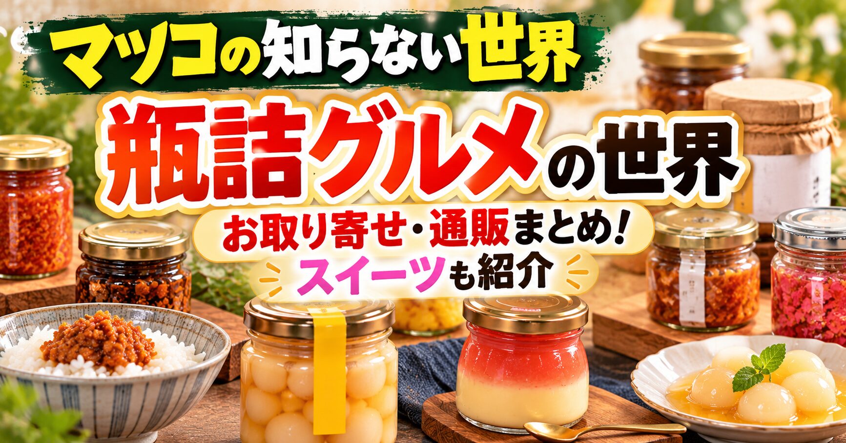 マツコの知らない世界「瓶詰グルメの世界」お取り寄せ・通販まとめ！ご飯のお供や瓶詰スイーツを紹介というタイトルを入れた画像です。