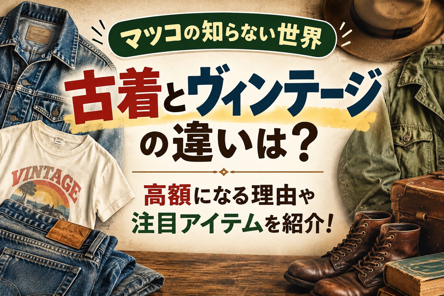 マツコの知らない世界で特集される古着とヴィンテージの違いを解説。デニムジャケットやジーンズ、古着Tシャツなどを背景に、高額になる理由や注目アイテムを紹介するアイキャッチ画像。